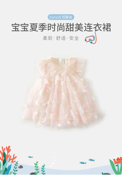 Banxidi Girls' Dress Summer New Fashionable Baby Princess Dress First Birthday Dress Children's Mesh Dress Children's Clothing
