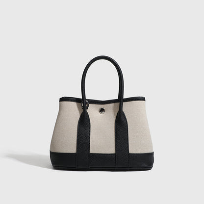 Canvas with Cowhide Garden Bag Large Capacity Genuine Leather Contrast Color Handbag for Women2025New Single Shoulder Crossbody Tote Bag