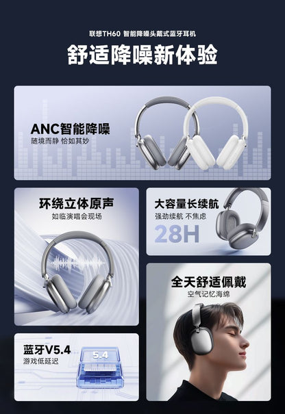 Lenovo TH60Bluetooth Headset Active Noise Cancelling High-Quality Sound Gaming Positioning Long Battery Life Computer Headset for Men