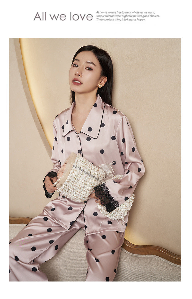 Women's Pajamas Autumn New Faux Silk Black Pink Polka Dot Thin Wearable Homewear French Long Sleeve Set