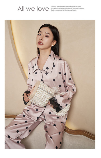 Women's Pajamas Autumn New Faux Silk Black Pink Polka Dot Thin Wearable Homewear French Long Sleeve Set