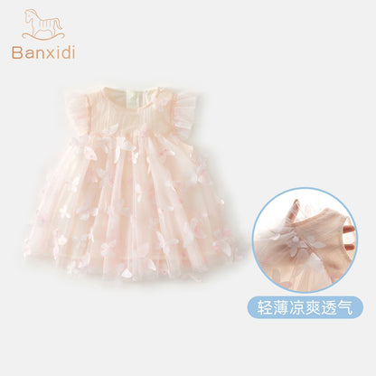 Banxidi Girls' Dress Summer New Fashionable Baby Princess Dress First Birthday Dress Children's Mesh Dress Children's Clothing