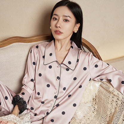 Women's Pajamas Autumn New Faux Silk Black Pink Polka Dot Thin Wearable Homewear French Long Sleeve Set