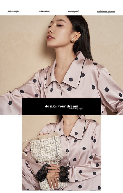 Women's Pajamas Autumn New Faux Silk Black Pink Polka Dot Thin Wearable Homewear French Long Sleeve Set