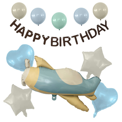 Matte Birthday Balloon Set with Banner Decoration Party Setup Baby Shower Bear Airplane Rainbow Matte Balloons