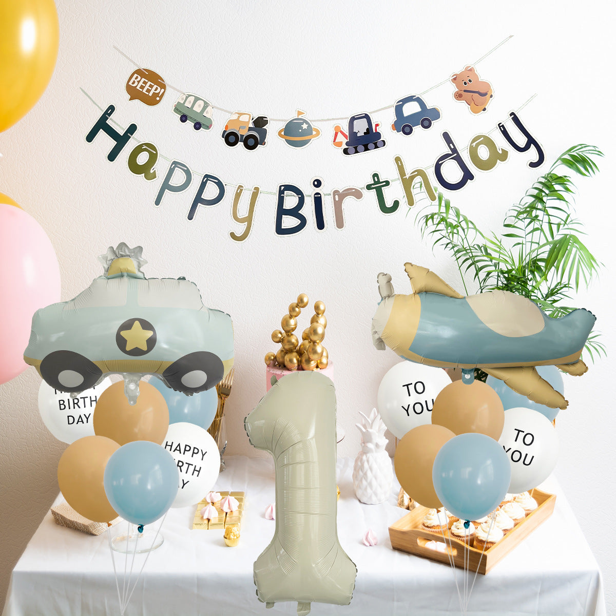 Amazon Matte Retro Police Car Airplane Aluminum Foil Balloon Set First Birthday Balloon Venue Decoration Photography