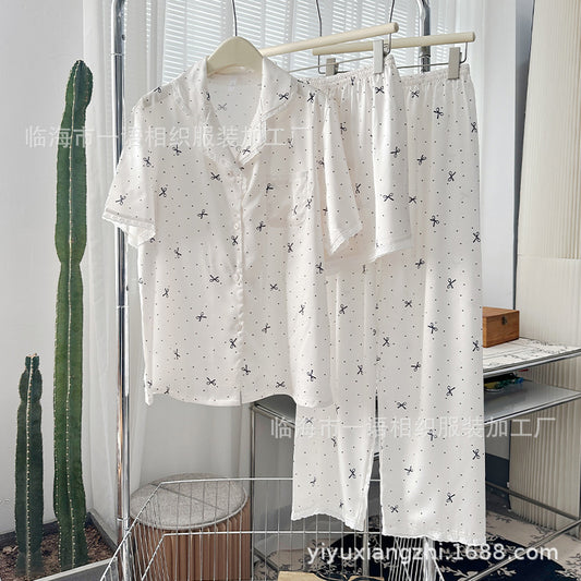 Spring and Summer New Cotton Lace Bow Three-piece Set Ice Silk Pajamas for Women Lapel Simple Comfortable Women's Loungewear
