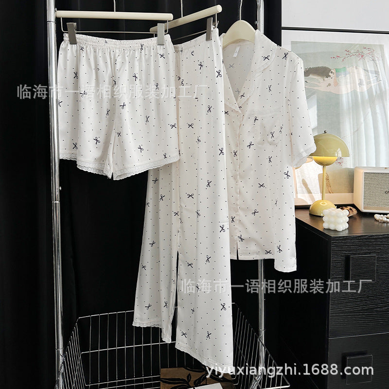 Spring and Summer New Cotton Lace Bow Three-piece Set Ice Silk Pajamas for Women Lapel Simple Comfortable Women's Loungewear