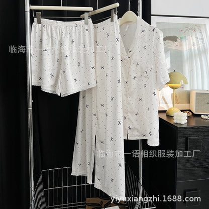 Spring and Summer New Cotton Lace Bow Three-piece Set Ice Silk Pajamas for Women Lapel Simple Comfortable Women's Loungewear