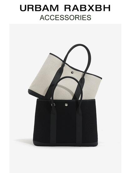 Canvas with Cowhide Garden Bag Large Capacity Genuine Leather Contrast Color Handbag for Women2025New Single Shoulder Crossbody Tote Bag