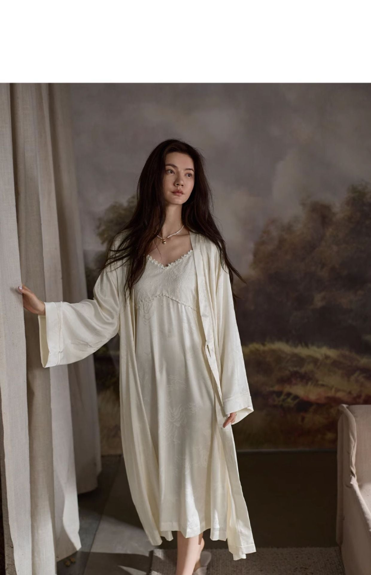 Tongyu Morning Robe for Women, Spring and Autumn Ice Silk Long Sleeve Nightgown, Mid-Length Winter Bathrobe, Two-Piece Pajama Set with Camisole Dress
