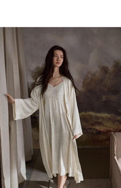 Tongyu Morning Robe for Women, Spring and Autumn Ice Silk Long Sleeve Nightgown, Mid-Length Winter Bathrobe, Two-Piece Pajama Set with Camisole Dress