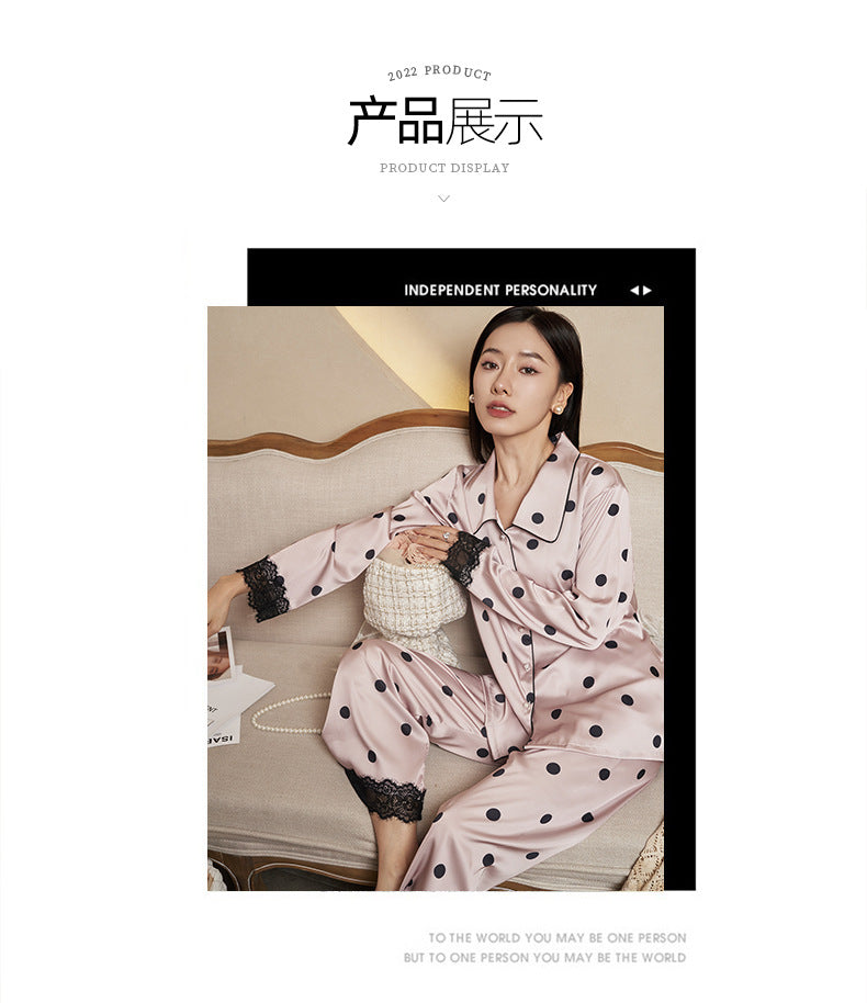 Women's Pajamas Autumn New Faux Silk Black Pink Polka Dot Thin Wearable Homewear French Long Sleeve Set