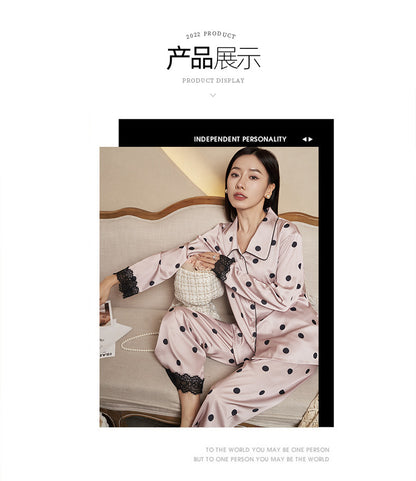 Women's Pajamas Autumn New Faux Silk Black Pink Polka Dot Thin Wearable Homewear French Long Sleeve Set