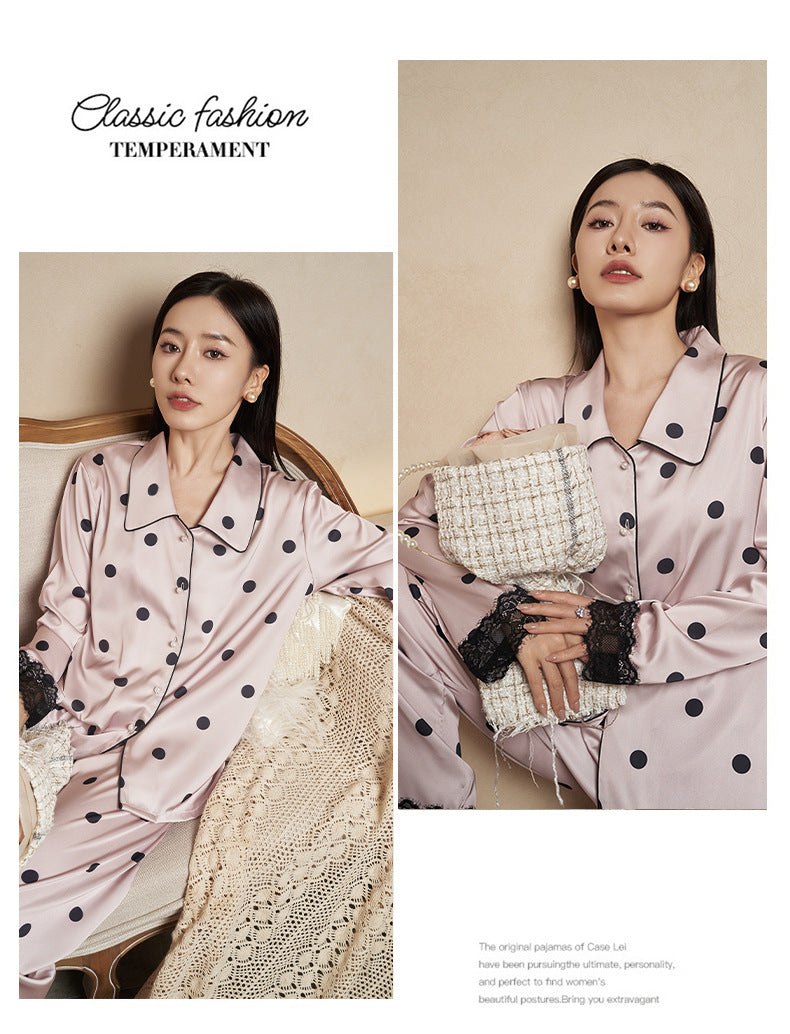Women's Pajamas Autumn New Faux Silk Black Pink Polka Dot Thin Wearable Homewear French Long Sleeve Set