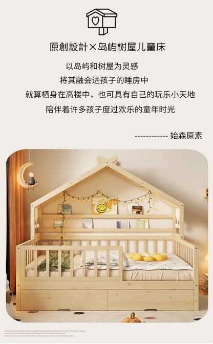 All Solid Wood Tree House Bed Children's Bed Boys Girls Princess Bed Small Bed with Trundle Bed Guardrail Home Baby Single Bed