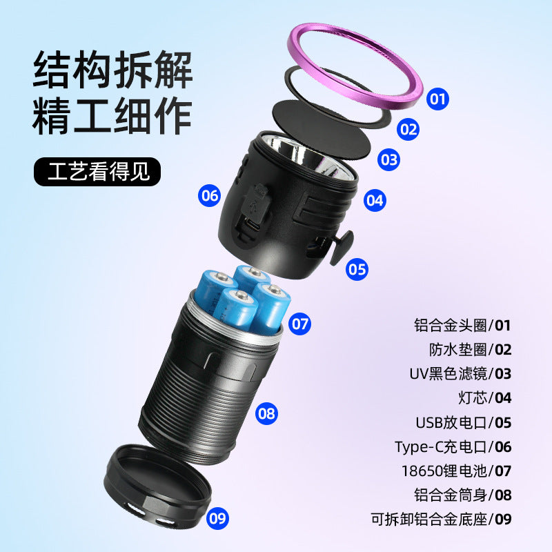 High Power365nm Black light bulb UV Black Mirror Scorpion Charging Fluorescent Detection Ultraviolet led Flashlight Processing