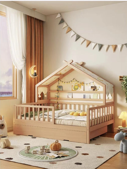 All Solid Wood Tree House Bed Children's Bed Boys Girls Princess Bed Small Bed with Trundle Bed Guardrail Home Baby Single Bed