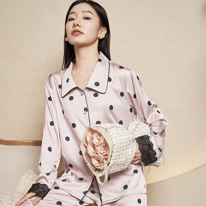 Women's Pajamas Autumn New Faux Silk Black Pink Polka Dot Thin Wearable Homewear French Long Sleeve Set