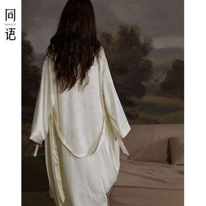 Tongyu Morning Robe for Women, Spring and Autumn Ice Silk Long Sleeve Nightgown, Mid-Length Winter Bathrobe, Two-Piece Pajama Set with Camisole Dress