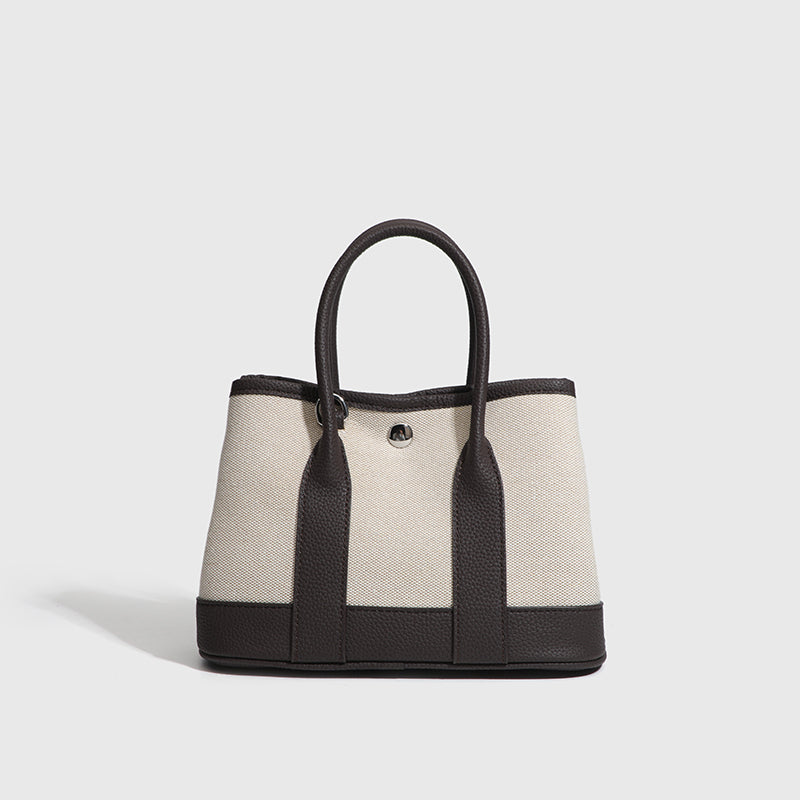 Canvas with Cowhide Garden Bag Large Capacity Genuine Leather Contrast Color Handbag for Women2025New Single Shoulder Crossbody Tote Bag