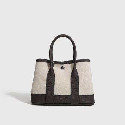 Canvas with Cowhide Garden Bag Large Capacity Genuine Leather Contrast Color Handbag for Women2025New Single Shoulder Crossbody Tote Bag