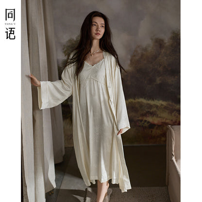 Tongyu Morning Robe for Women, Spring and Autumn Ice Silk Long Sleeve Nightgown, Mid-Length Winter Bathrobe, Two-Piece Pajama Set with Camisole Dress
