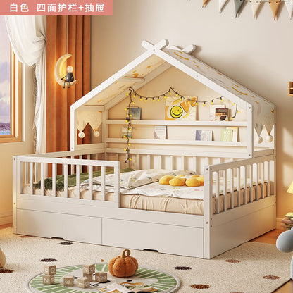 All Solid Wood Tree House Bed Children's Bed Boys Girls Princess Bed Small Bed with Trundle Bed Guardrail Home Baby Single Bed